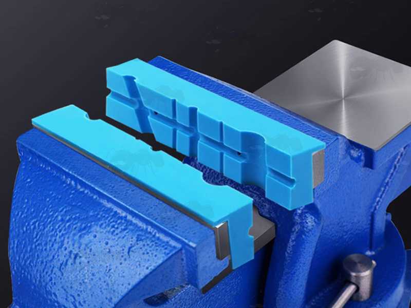 Pair of Blue 5.5 Inch Long Soft Jaw Plates with Magnets Shown Fitted to a Gunsmiths Workbench Vice