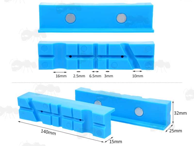Dimensions of The Pair of Blue 5.5 Inch Long Soft Jaw Plates with Magnets for Gunsmiths Workbench Vice