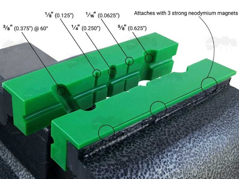 Pair of Green Soft Jaw Plates with Magnets for Gunsmiths Workbench Vice Shown Fitted with Feature Guide