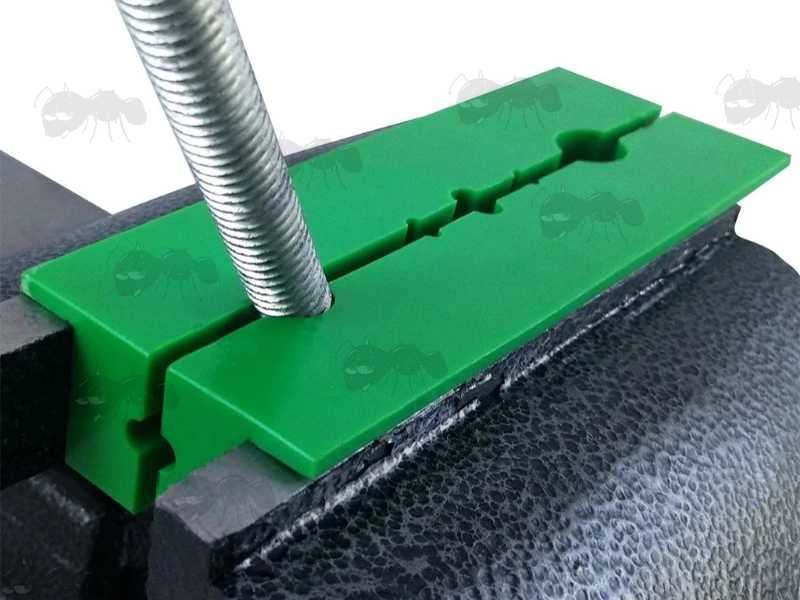 Pair of Green Soft Jaw Plates with Magnets for Gunsmiths Workbench Vice, Shown with Threaded Rod
