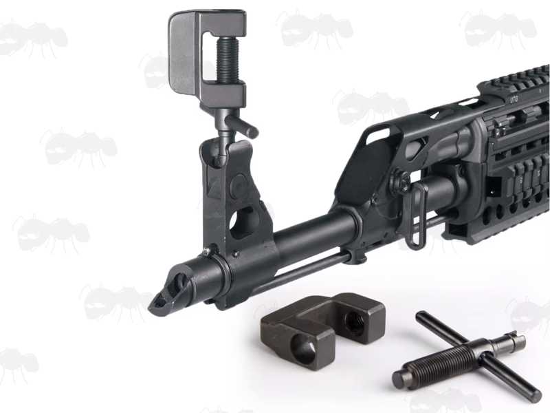 AK / SKS Front Sight Adjustment Tool Clamp, Shown in Use Adjusting The Elevation