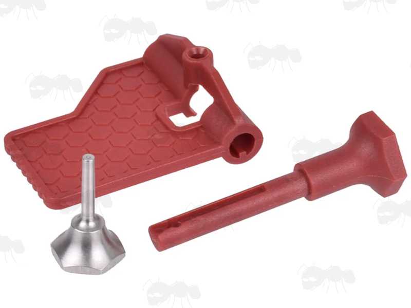 Dissembled View of The Red Plastic Pivot Pin Detent Takedown Installation Tool for .223 5.56mm Rifles