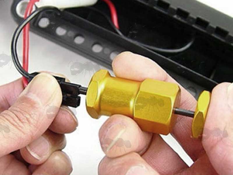 Large Yellow Aluminium Tamiya Battery Pin Connector / Removal Tool in Use