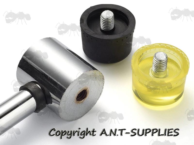 Close-Up View Of The Dual Head Of The 25mm Diameter Gunsmith Hammer With Black Rubber and Yellow Silicone Faces