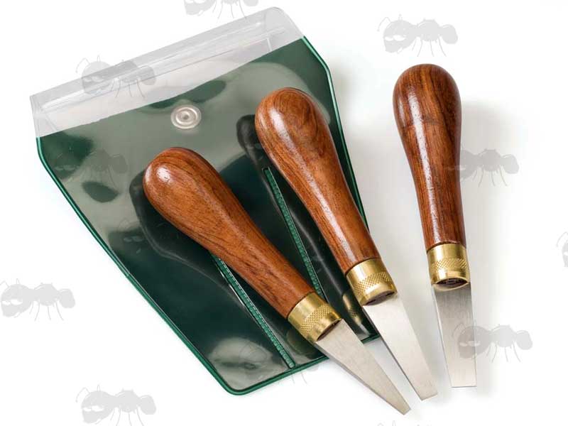 Set of Three Gunsmiths Shotgun Screwdrivers With Hardwood Handles and Brass Ferrules and Plastic Storage Wallet