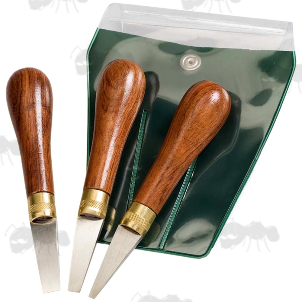 Set of Three Gunsmiths Shotgun Screwdrivers With Hardwood Handles and Brass Ferrules and Plastic Storage Wallet