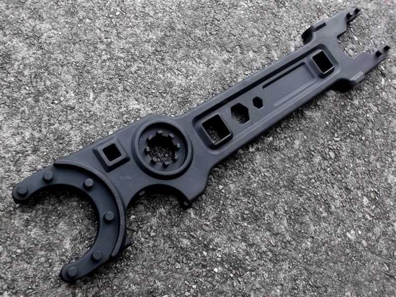 Front View of The Black Powder Coated Steel M4 Rifle Series Buttstock / Delta Ring Wrench, Iota