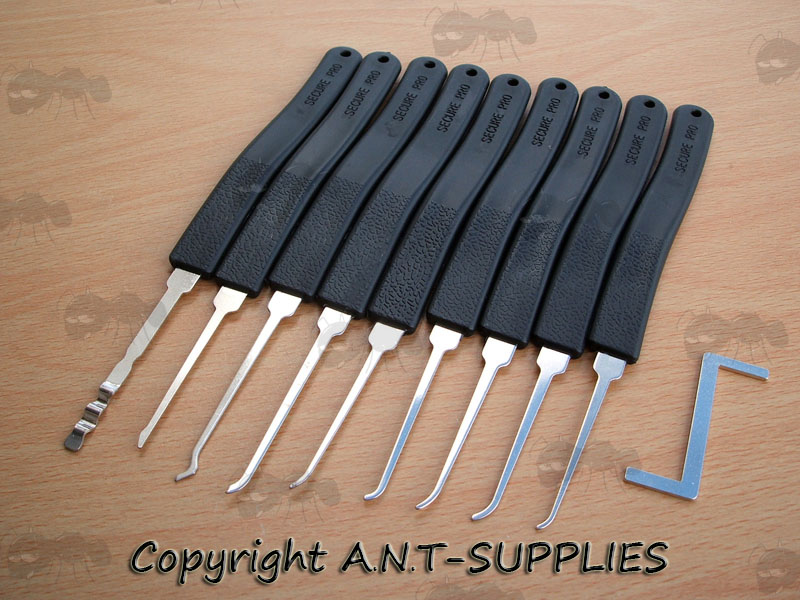 Nine Piece Black Handle Lock Picks with Tension Wrench