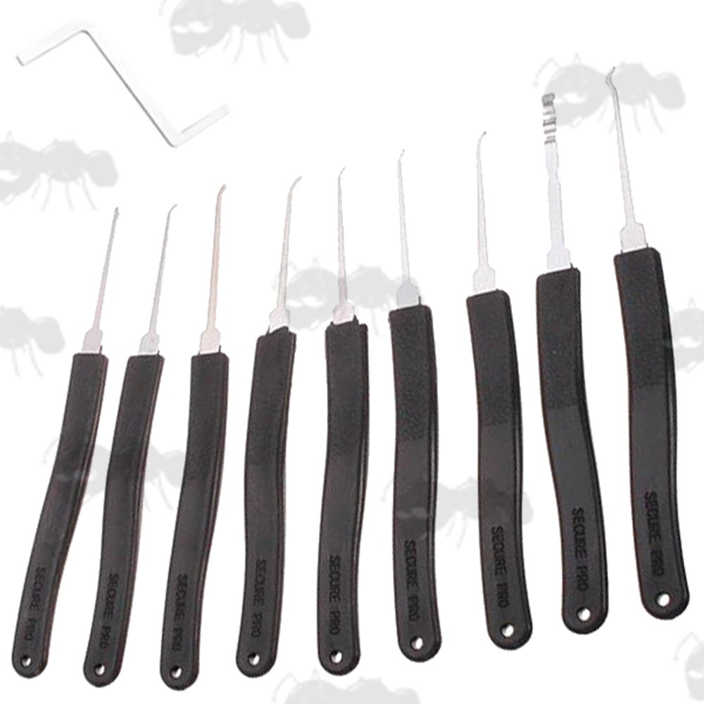 Nine Piece Black Handle Lock Picks with Tension Wrench