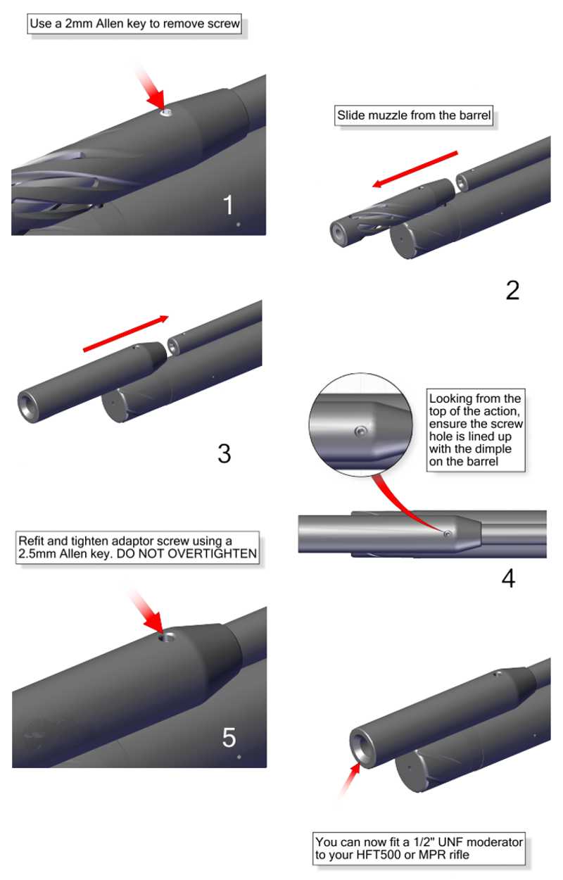 Image Fitting Guide for The Air Arms Slip-On Black Anodised Aluminium Barrel Muzzle End with 1/2x20 UNF Female Threaded Moderator Adapter for HFT500, FTP900, MPR and EV2 Airguns