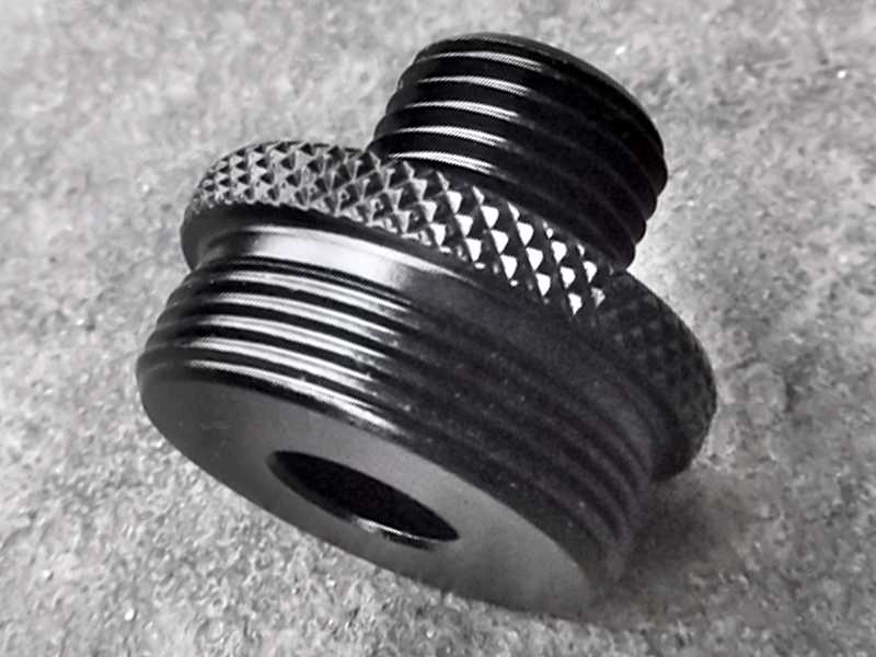 Inner Thread View of The Black Anodised Alloy M22x1 To 1/2x20 TPI Threaded Muzzle Adapter