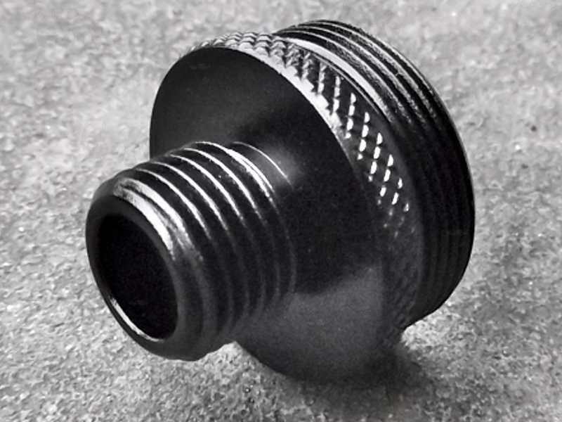 Outer Thread View of The Black Anodised Alloy M22x1 To 1/2x20 TPI Threaded Muzzle Adapter
