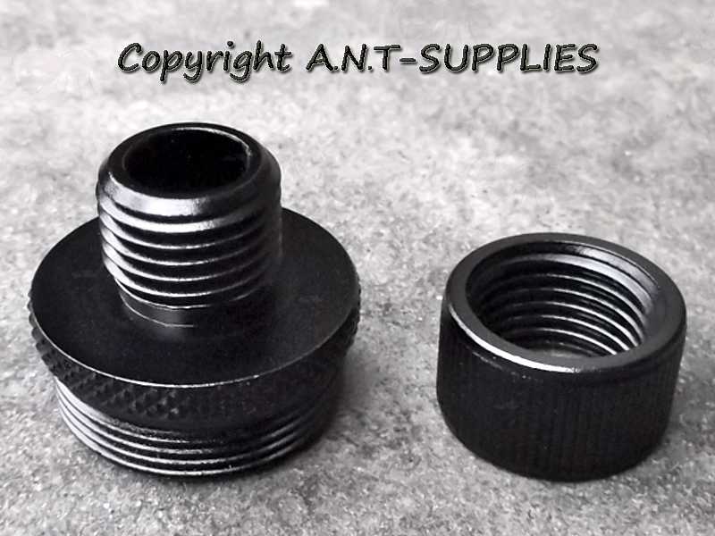 Black Anodised Alloy M22x1 To 1/2x20 TPI Threaded Muzzle Adapter with Thread guard Fitted