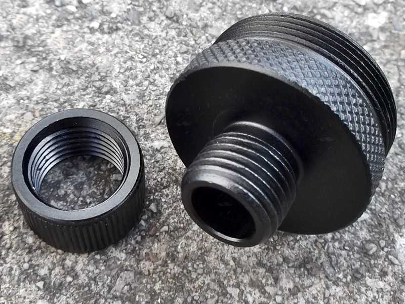 External Thread View of The Black Anodised Alloy M27x1 To 1/2x20 TPI Threaded Muzzle Adapter with Thread Guard Removed