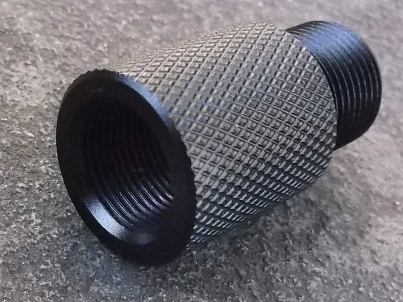 1/2x28 UNEF Female Threaded End View of The Black Anodised Alloy 1/2x28 TPI To M14x1 Left Hand Thread Muzzle Adapter