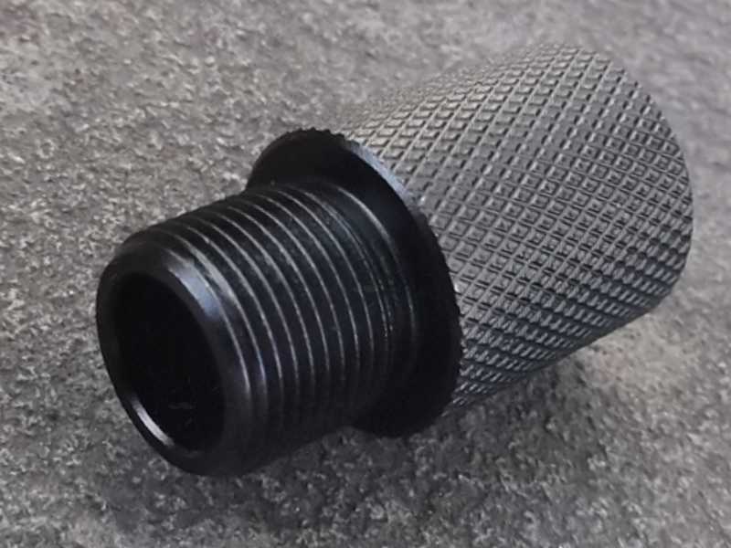 M14x1 Left Handed Male Threaded End View of The Black Anodised Alloy 1/2x28 TPI To M14x1 Left Hand Thread Muzzle Adapter