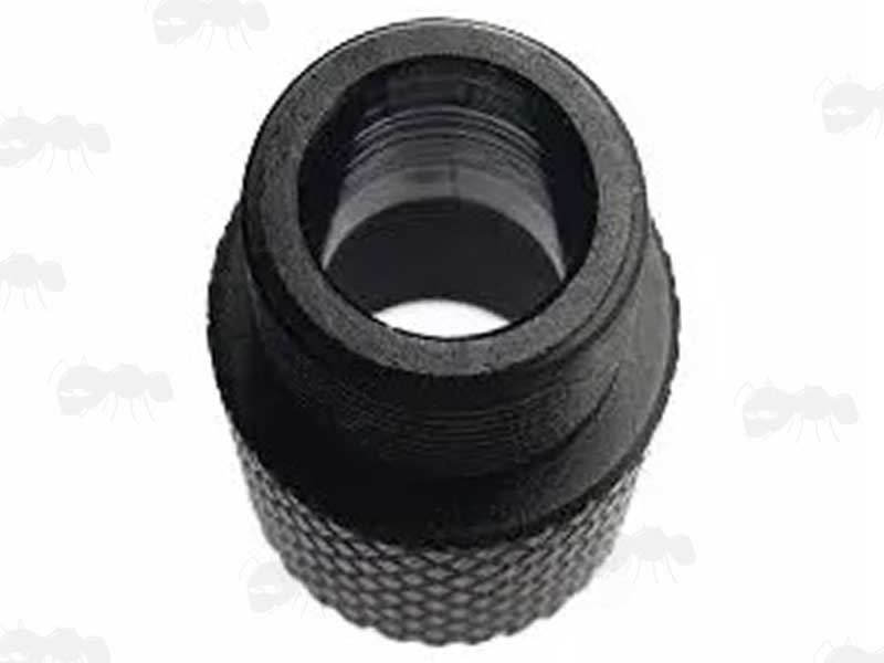 End View of The Black Anodised Alloy M14x1 Left Hand Thread To 1/2x28 TPI Threaded Muzzle Adapter