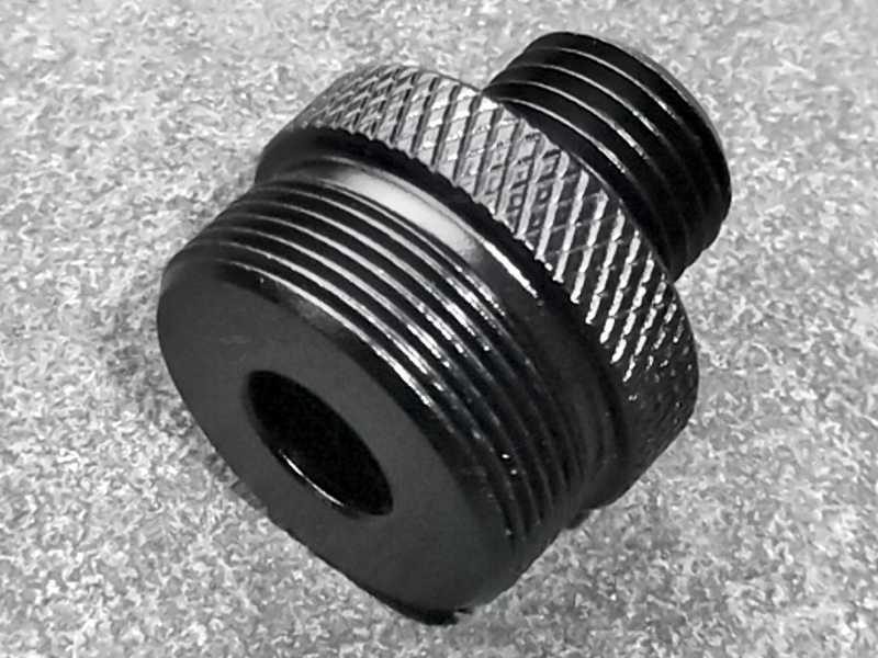 Shroud Thread View of The Black Anodised Alloy 13/16-28 Threaded Muzzle Silencer Adapter with Thread Guard