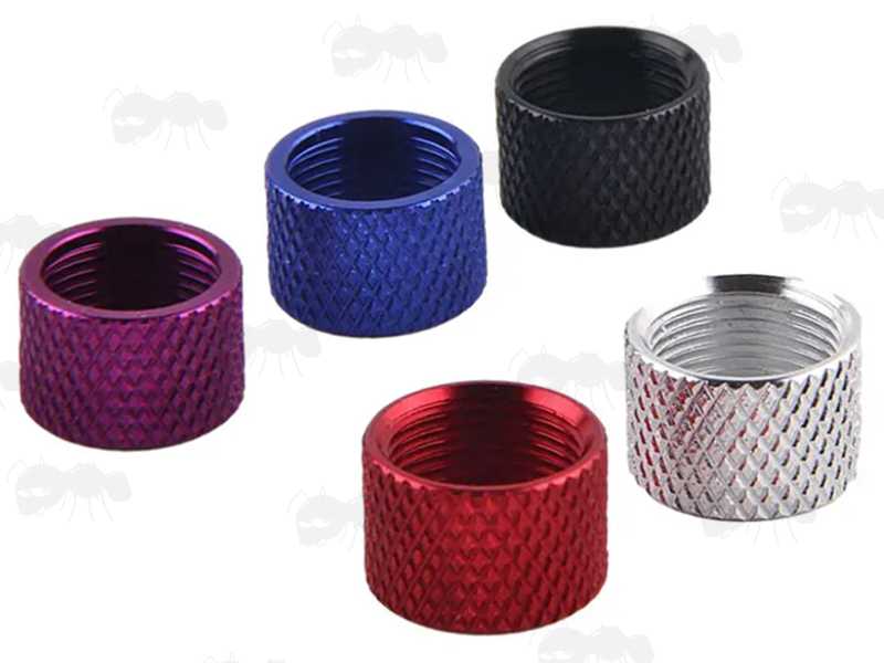 Black, Silver, Red, Blue and Red Coloured Thread Protectors for 1/2-28 Barrel Threads