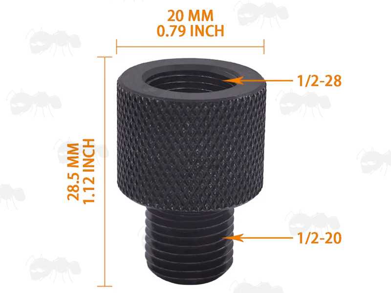 Dimensions and Thread Views of The Black Steel 1/2x28 TPI - 1/2x20 TPI Threaded Muzzle Adapter
