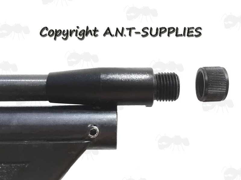 Slip On Airgun Silencer Adaptor with Grooved Edge and Thread Guard for 11.1mm Diameter Barrels, Shown Fitted To Crosman Air Rifle
