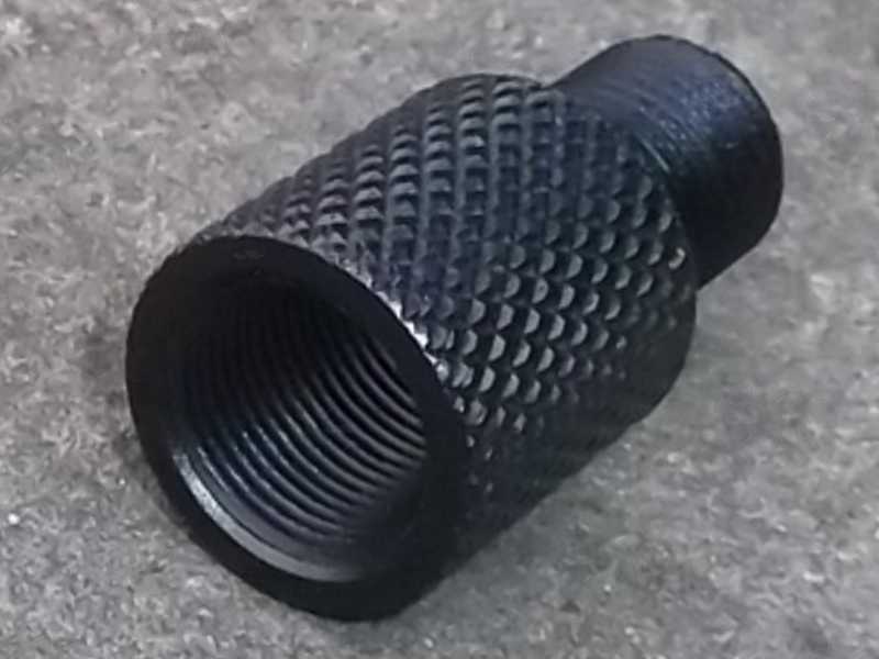Female Thread End View of The Black Anodised Alloy M14x1 Left Hand Thread To 1/2x28 TPI Threaded Muzzle Adapter