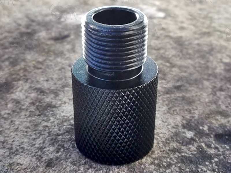 Female Thread End View of The Black Anodised Alloy M14x1 Left Hand Thread To 1/2x28 TPI Threaded Muzzle Adapter