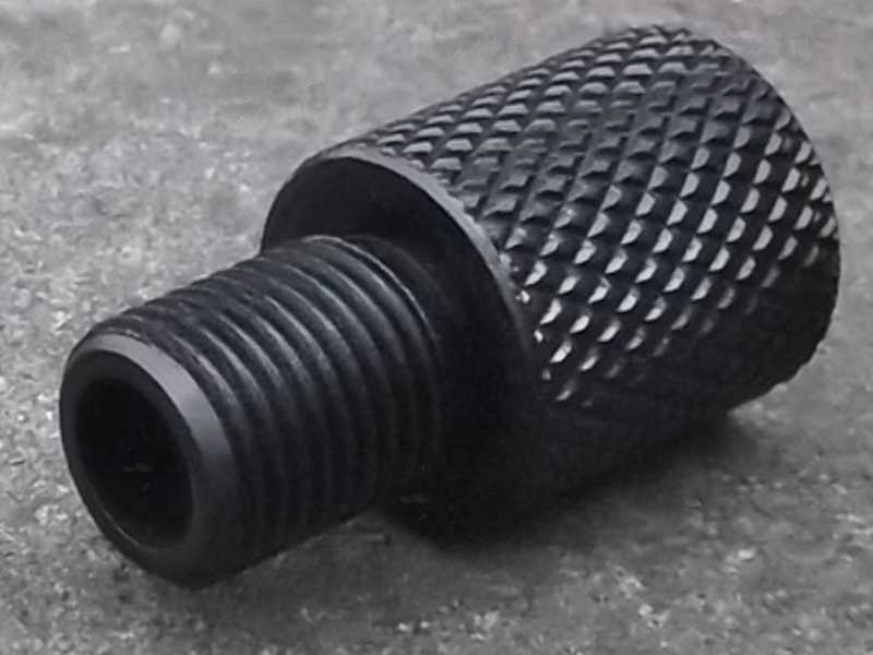 Male Thread End View of The Black Anodised Alloy M14x1 Left Hand Thread To 1/2x28 TPI Threaded Muzzle Adapter