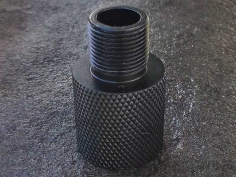 End View of The Black Anodised Alloy M14x1 Left Hand Thread To 1/2x28 TPI Threaded Muzzle Adapter