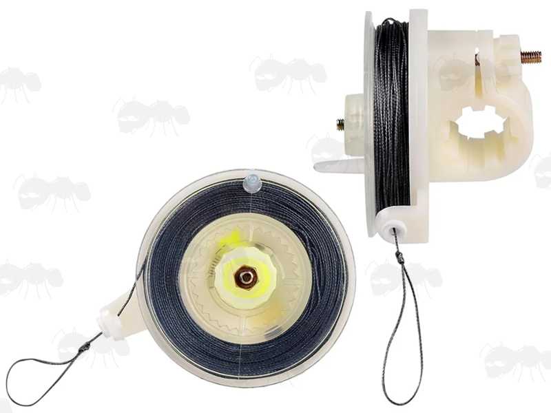 Front and Side View of The 85 Foot Length of Black Kevlar Tripwire on a White Plastic Reusable Reel for Perimeter Alarm Mines