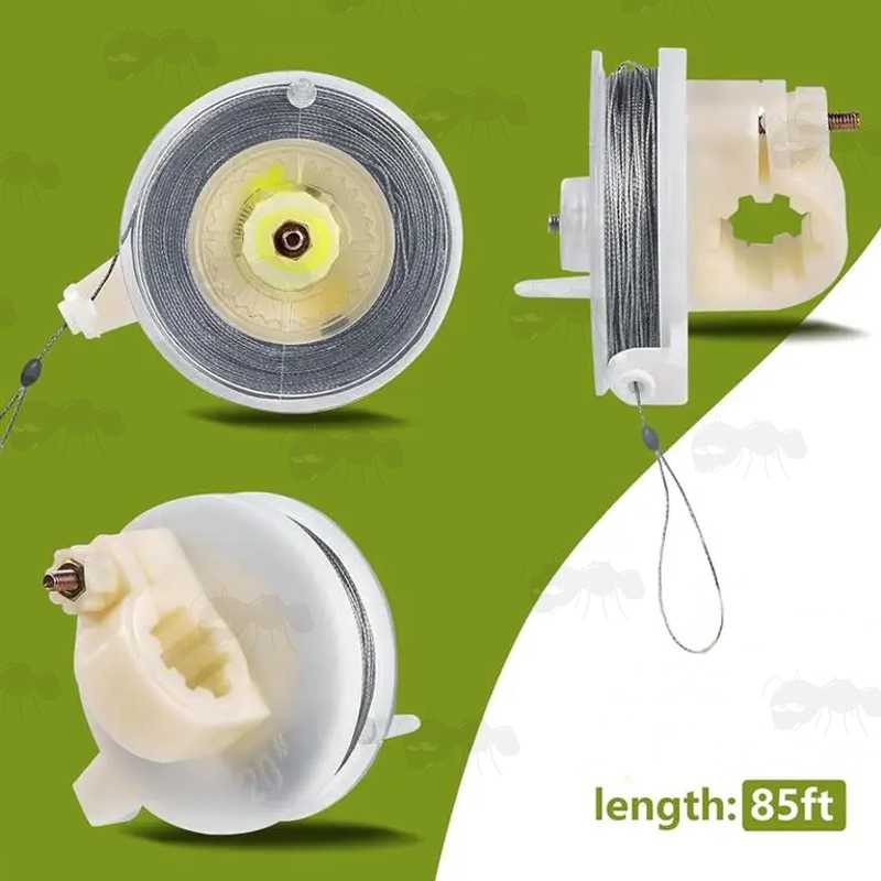 Front and Side View of The 85 Foot Length of Grey Kevlar Tripwire on a White Plastic Reusable Reel for Perimeter Alarm Mines