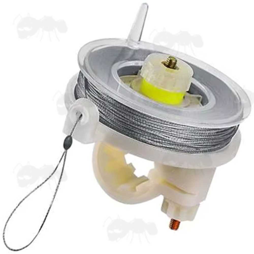 85 Foot Length of Grey Kevlar Tripwire on a White Plastic Reusable Reel for Perimeter Alarm Mines