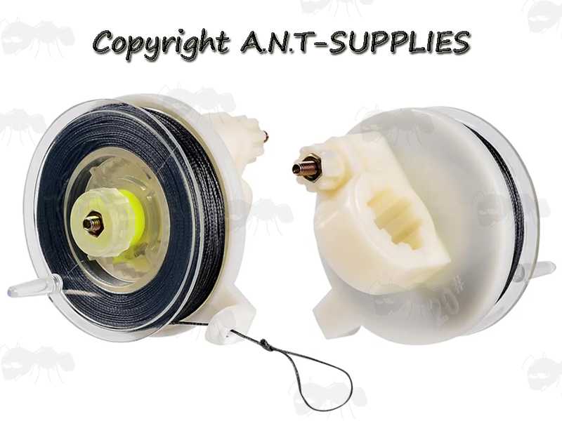 Front and Back View of The 85 Foot Length of Black Kevlar Tripwire on a White Plastic Reusable Reel for Perimeter Alarm Mines