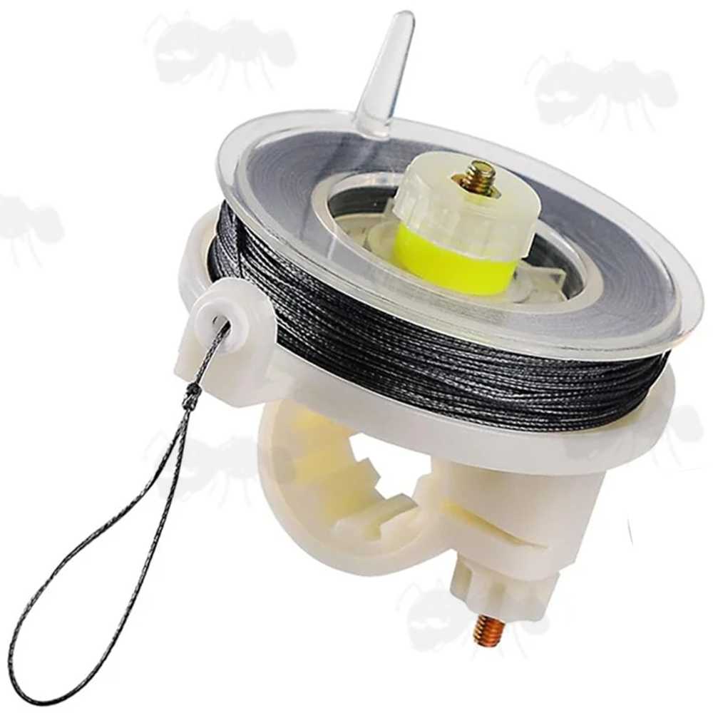 85 Foot Length of Black Kevlar Tripwire on a White Plastic Reusable Reel for Perimeter Alarm Mines