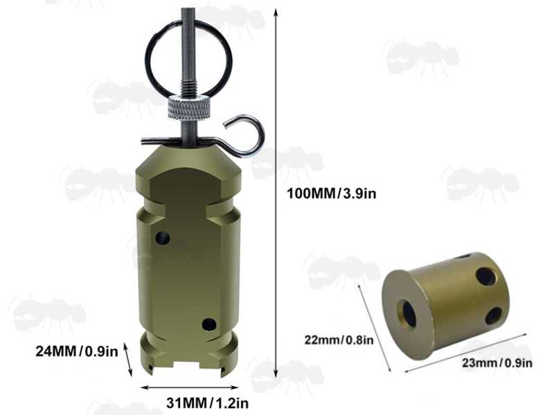 Dimensions of The OD Green Coloured Mini Metal Trip Wire Blank Firing Alarm Mine with Pin and .22 Adapter