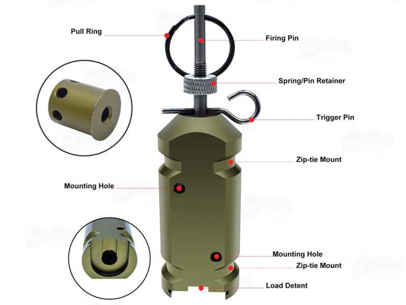 Features on The OD Green Coloured Mini Metal Trip Wire Blank Firing Alarm Mine with Pin and .22 Adapter