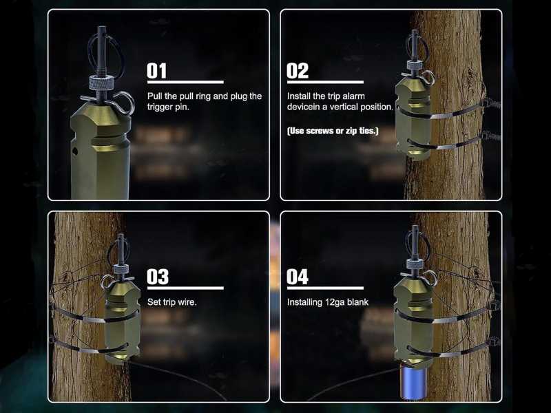 Installation Guide for The OD Green Coloured Mini Metal Trip Wire Blank Firing Alarm Mine with Pin and .22 Adapter