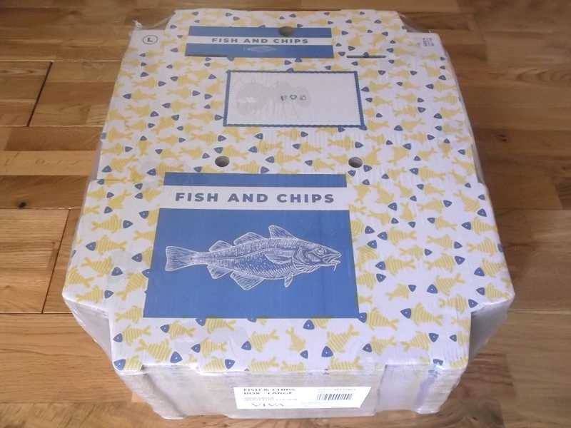 Pack of One Hundred Flat-Packed Large Assembled Full Colour Printed Cardboard Fish and Chips Box with Integral Lid