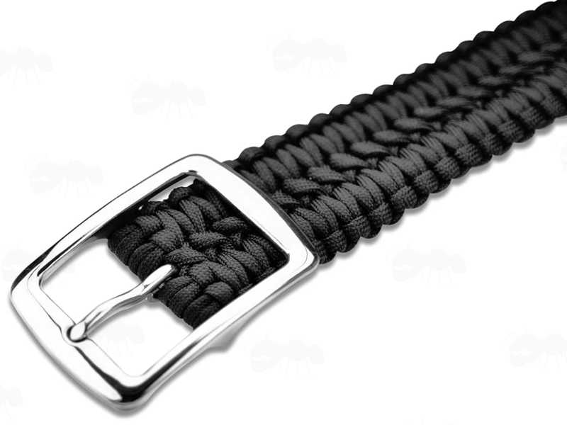 Close-Up View of The Large Metal Buckle on The Black Paracord Trouser Belt