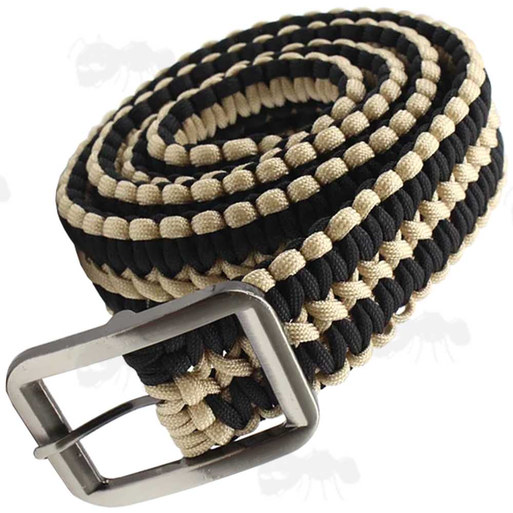Two Tone Black and Beige Paracord Trouser Belt with Large Metal Buckle