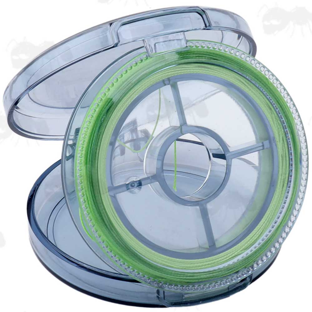 30 Metre Roll of Fluorescent Green Coloured Nylon Tripwire in Clear Plastic Case for Perimeter Alarm Mines