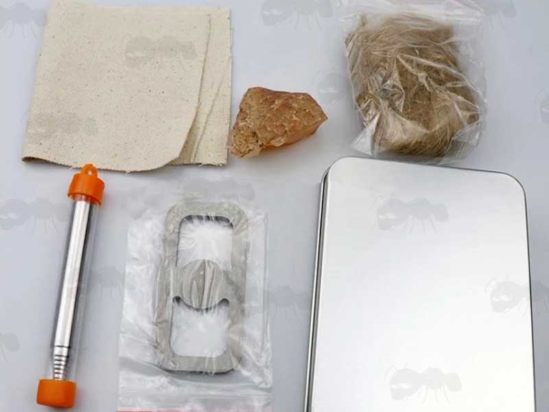 Pocket Sized Fire Starting Kit With Tinder, Striker, Telescopic Bellows, Stone Flint and Silver Storage Tin