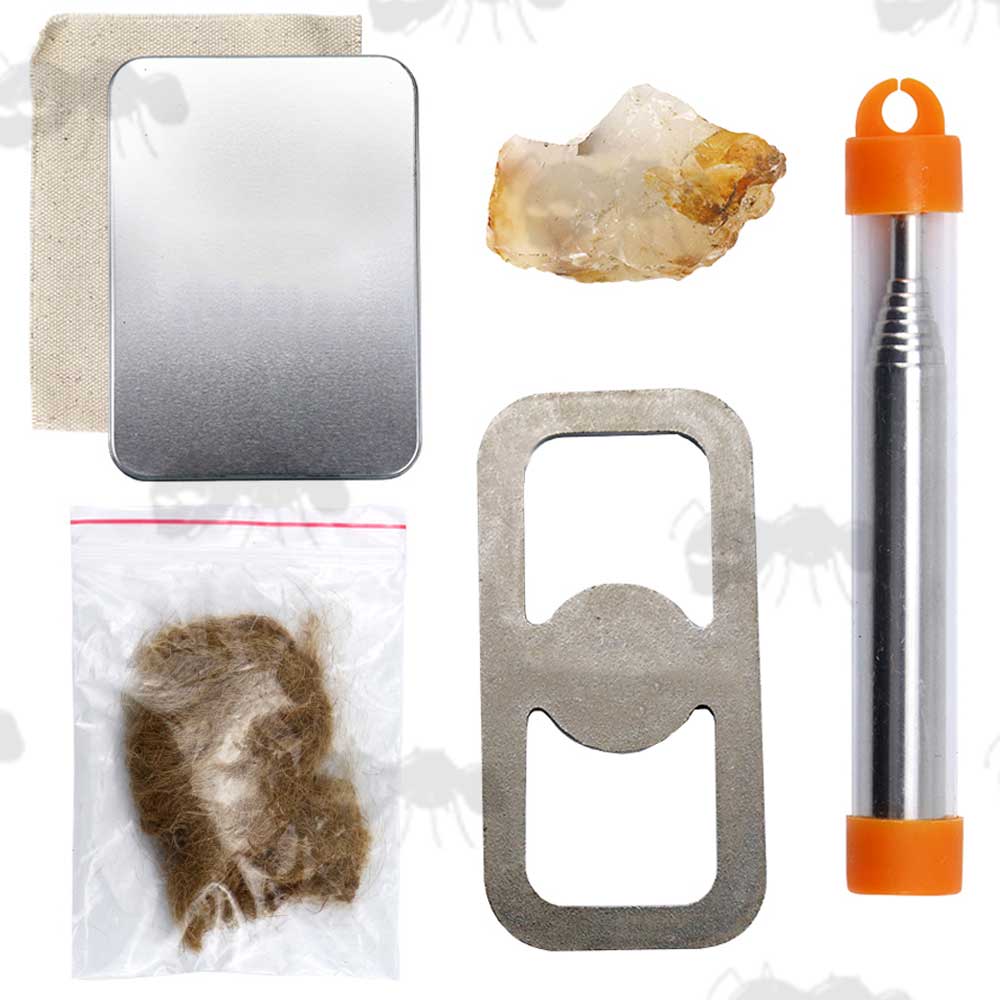 Pocket Sized Fire Starting Kit With Tinder, Striker, Telescopic Bellows, Stone Flint and Silver Storage Tin