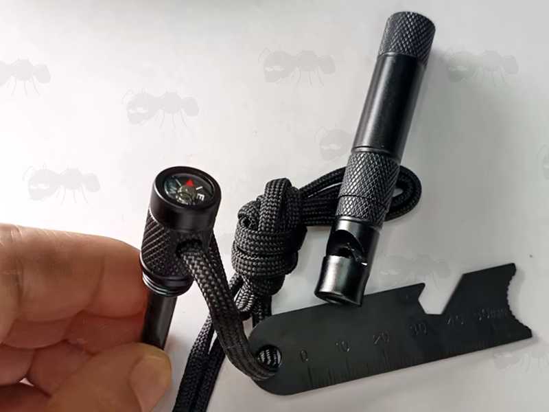 Compass View on The Large Black Armoured Signal Whistle Case Fire Flint and Striker