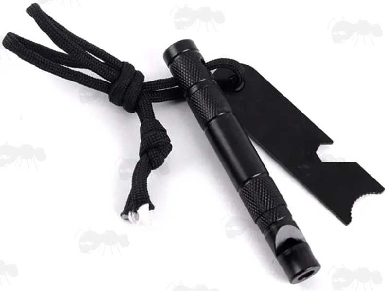Large Black Armoured Signal Whistle Case with Compass Fire Flint and Striker