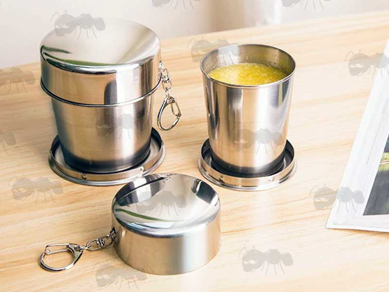 Collapsed Collapsible Stainless Steel Cup Keychain in Use