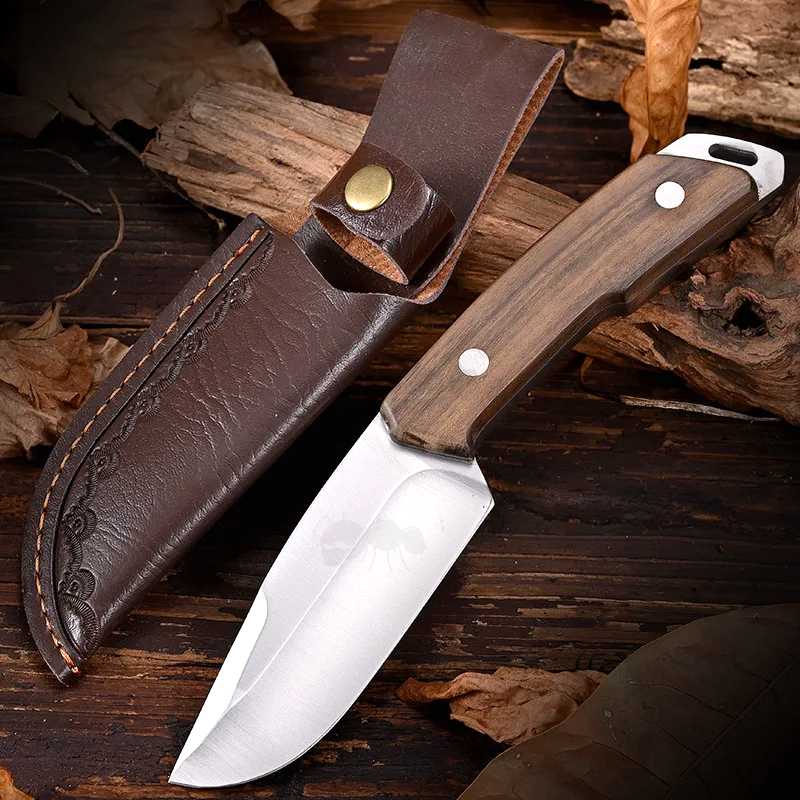 Classic Bushcraft Fixed Blade Full Tang Knife with Dark Brown Sandalwood Scales and Dark Brown Faux Leather Belt Sheath