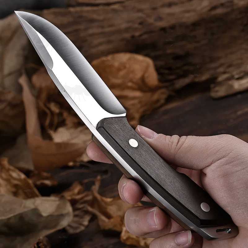 Classic Bushcraft Fixed Blade Full Tang Knife with Dark Brown Sandalwood Scales, Shown in Hand