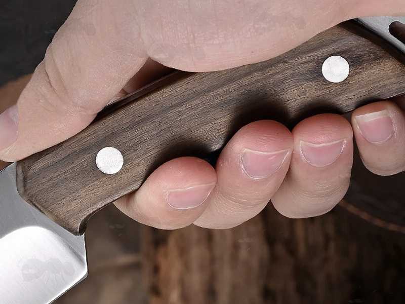 Classic Bushcraft Fixed Blade Full Tang Knife with Dark Brown Sandalwood Scales, Shown in Hand