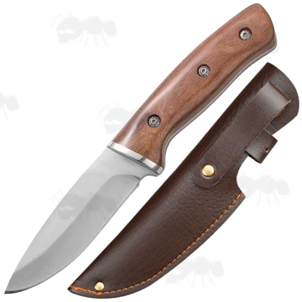 Compact Woodland Style Fixed Full Tang Blade Knife with Wooded Scales and Brown Leather Effect Belt Sheath